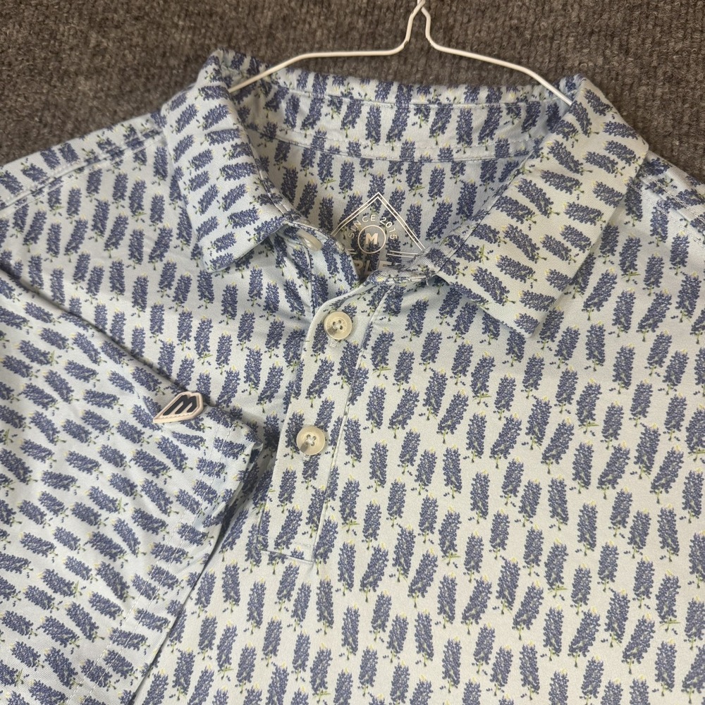 Burlebo Polo Shirt Mens Medium Blue Floral Performance Stretch Botanical